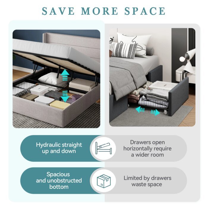 Hoomic Lift Up Storage Bed With Wingback Headboard/Heavy-Duty Hydraulic Bed/Large Underneath Storage Allewie - Image 5