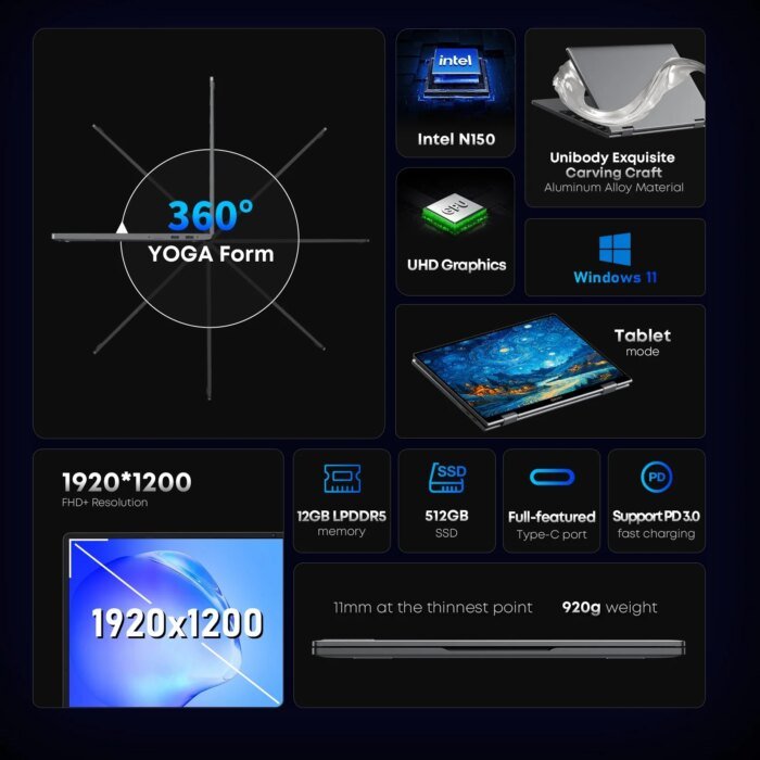 Chuwi Minibook X Laptop Tablet 2 In 1 Intel N150/N100 10.51&Quot; Fhd Ips Screen 16Gb / 12Gb Ram Lpddr5 512G Ssd Windows 11 Notebook - Image 4