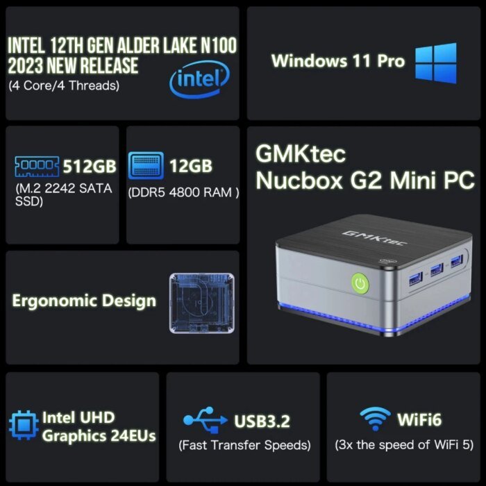 Gmktec G2 Mini Pc Windows 11 Pro Intel 12Th Gen Alder Lake N100 Mini Pc Ddr5 12Gb Ram 512Gb Rom Wifi 6 Bt5.2 Desktop Computer - Image 2