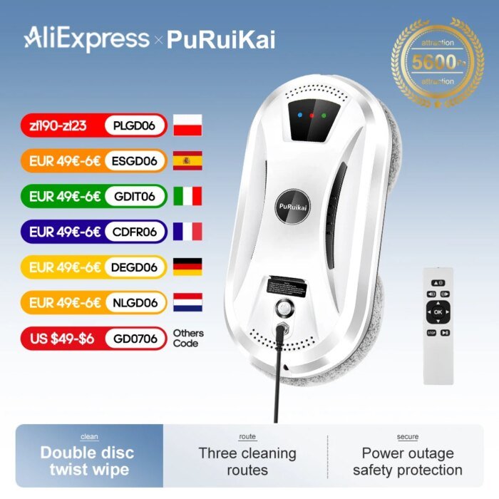 Puruikai Ultra Thin Robot Vacuum Cleaner Window Cleaning Robot Window  Electric Glass Limpiacristales Remote Control For Home - Image 1