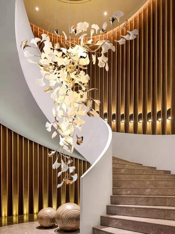 New Luxury Staircase Chandelier Villa Duplex Designer Pick Empty Lobby Apartment Jump Floor Ginkgo Leaf Long Hanging Lighting - Image 4