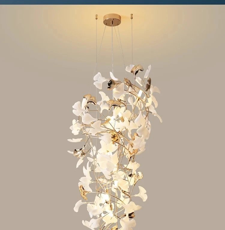 NEW Luxury Staircase Chandelier Villa Duplex Designer Pick Empty Lobby Apartment Jump Floor Ginkgo Leaf Long Hanging Lighting