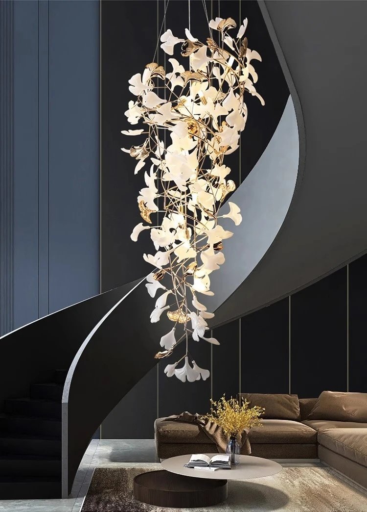 NEW Luxury Staircase Chandelier Villa Duplex Designer Pick Empty Lobby Apartment Jump Floor Ginkgo Leaf Long Hanging Lighting