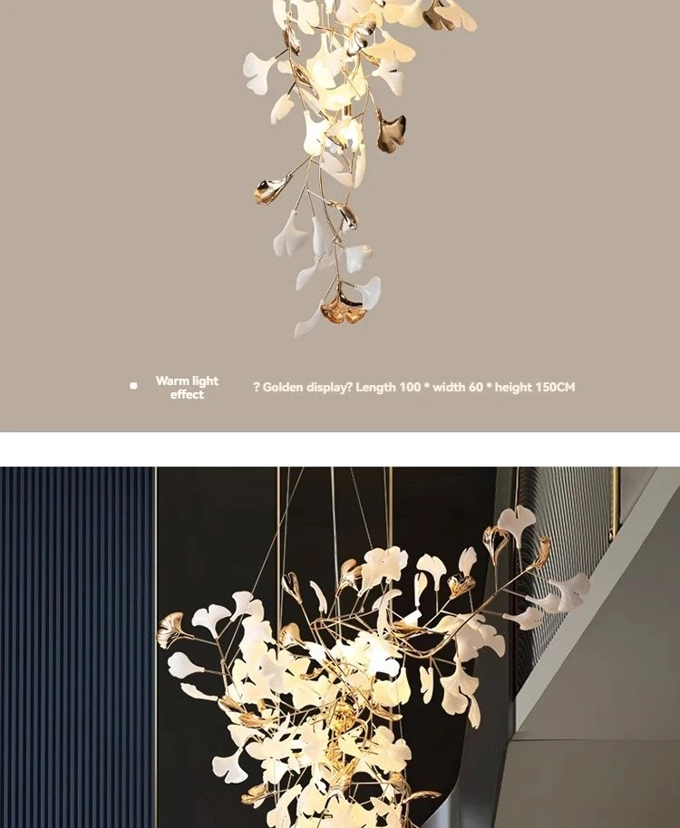 NEW Luxury Staircase Chandelier Villa Duplex Designer Pick Empty Lobby Apartment Jump Floor Ginkgo Leaf Long Hanging Lighting