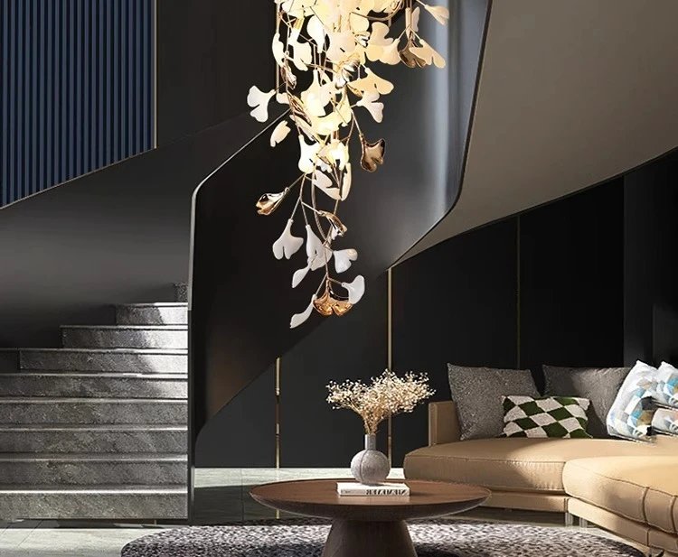 NEW Luxury Staircase Chandelier Villa Duplex Designer Pick Empty Lobby Apartment Jump Floor Ginkgo Leaf Long Hanging Lighting