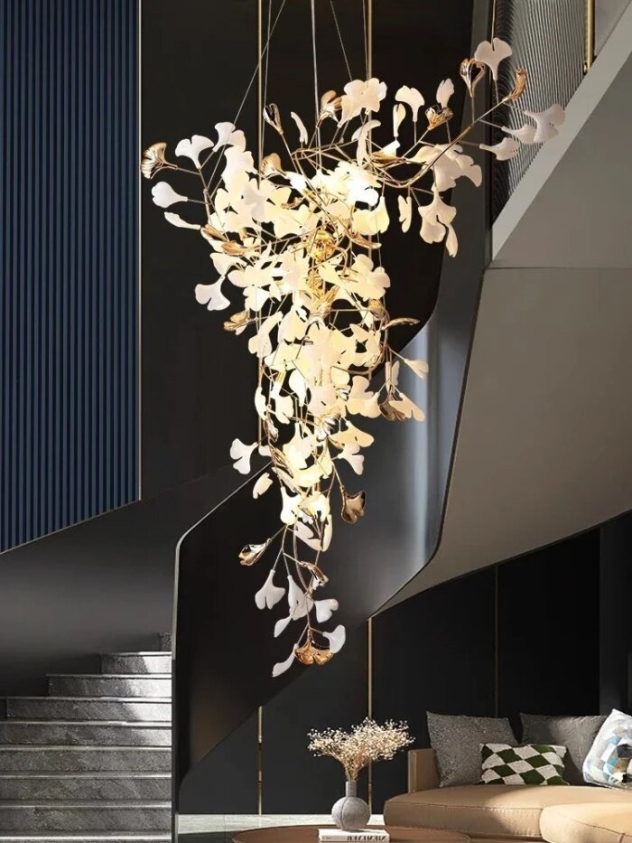 New Luxury Staircase Chandelier Villa Duplex Designer Pick Empty Lobby Apartment Jump Floor Ginkgo Leaf Long Hanging Lighting - Image 2