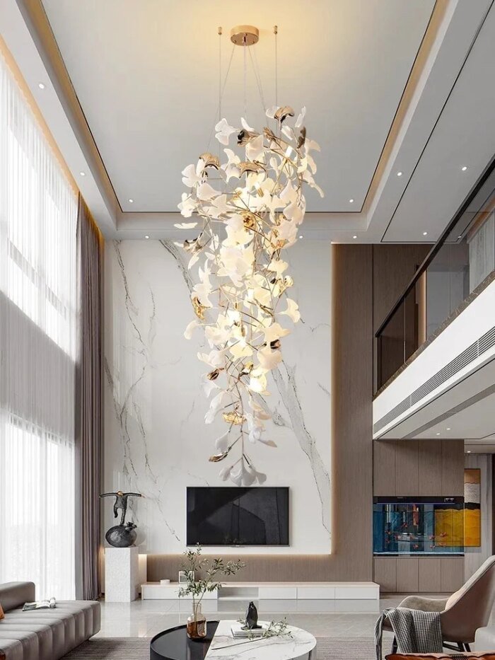 New Luxury Staircase Chandelier Villa Duplex Designer Pick Empty Lobby Apartment Jump Floor Ginkgo Leaf Long Hanging Lighting - Image 1