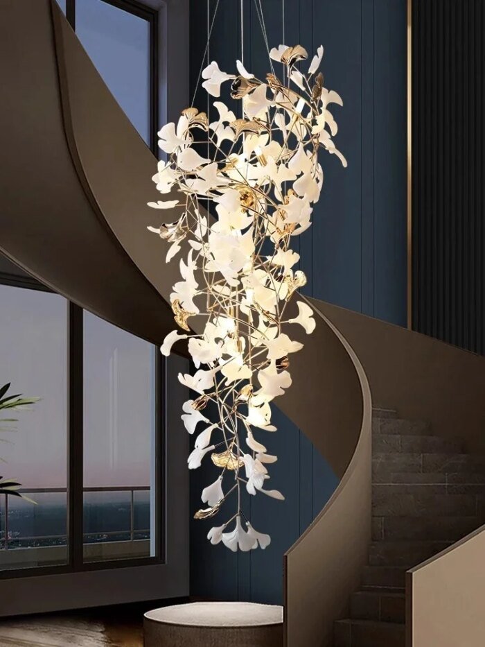 New Luxury Staircase Chandelier Villa Duplex Designer Pick Empty Lobby Apartment Jump Floor Ginkgo Leaf Long Hanging Lighting - Image 3