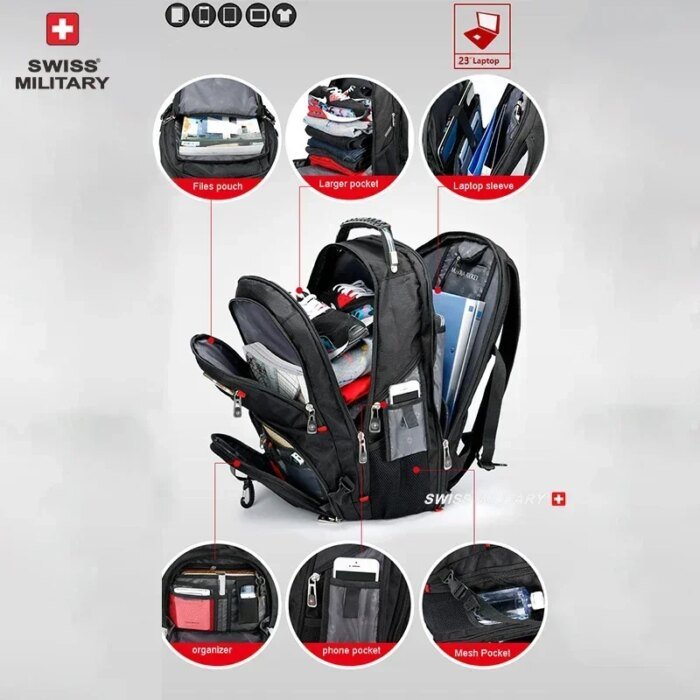 Swiss 17&Quot; Laptop Backpack Waterproof Usb Charge Port Swiss-Style Multifunctional Rucksack Schoolbag Mochila Hiking Travel Bag - Image 2