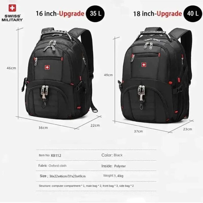 Swiss 17&Quot; Laptop Backpack Waterproof Usb Charge Port Swiss-Style Multifunctional Rucksack Schoolbag Mochila Hiking Travel Bag - Image 6