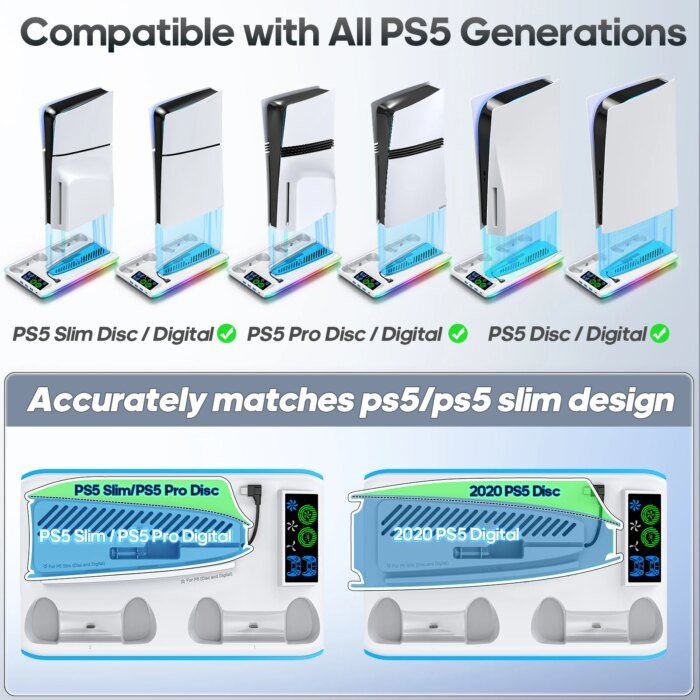 For Ps5/Ps5 Slim/Ps5 Pro Stand With Headphone Hook Cooling Stand &Amp; Controller Charging Station For Ps5 With 3 Levels Cooling Fan - Image 2