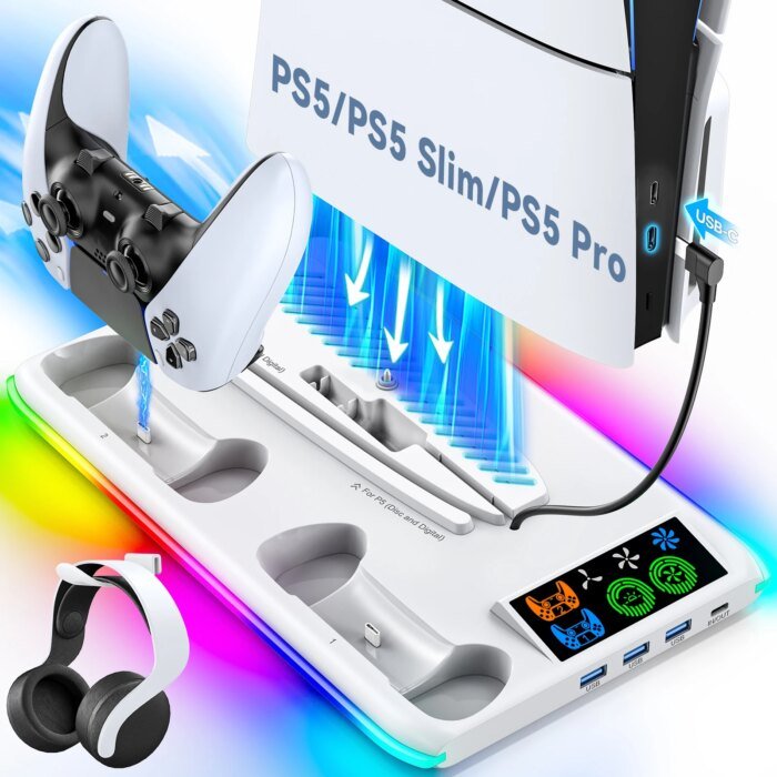 For Ps5/Ps5 Slim/Ps5 Pro Stand With Headphone Hook Cooling Stand &Amp;Amp; Controller Charging Station For Ps5 With 3 Levels Cooling Fan - Image 1