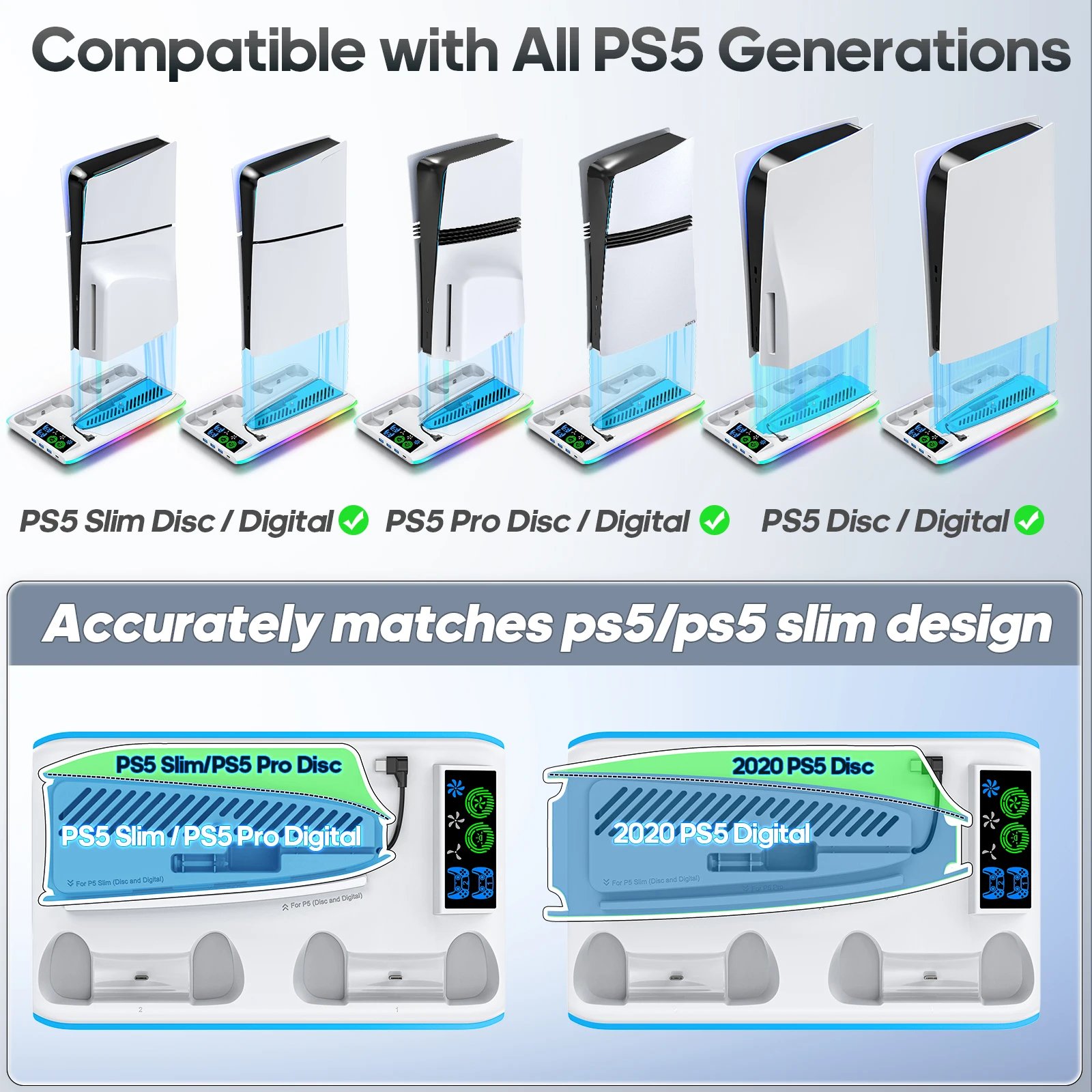 For Ps5/Ps5 Slim/Ps5 Pro Stand With Headphone Hook Cooling Stand &Amp; Controller Charging Station For Ps5 With 3 Levels Cooling Fan