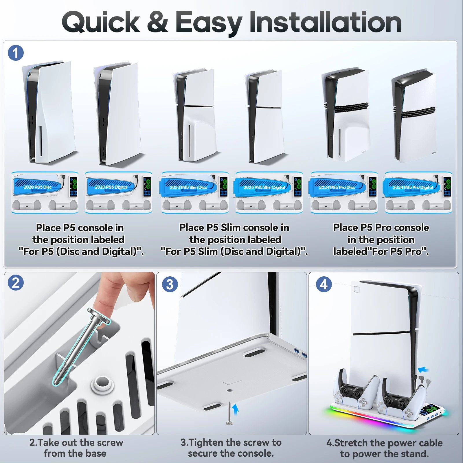 For Ps5/Ps5 Slim/Ps5 Pro Stand With Headphone Hook Cooling Stand &Amp; Controller Charging Station For Ps5 With 3 Levels Cooling Fan