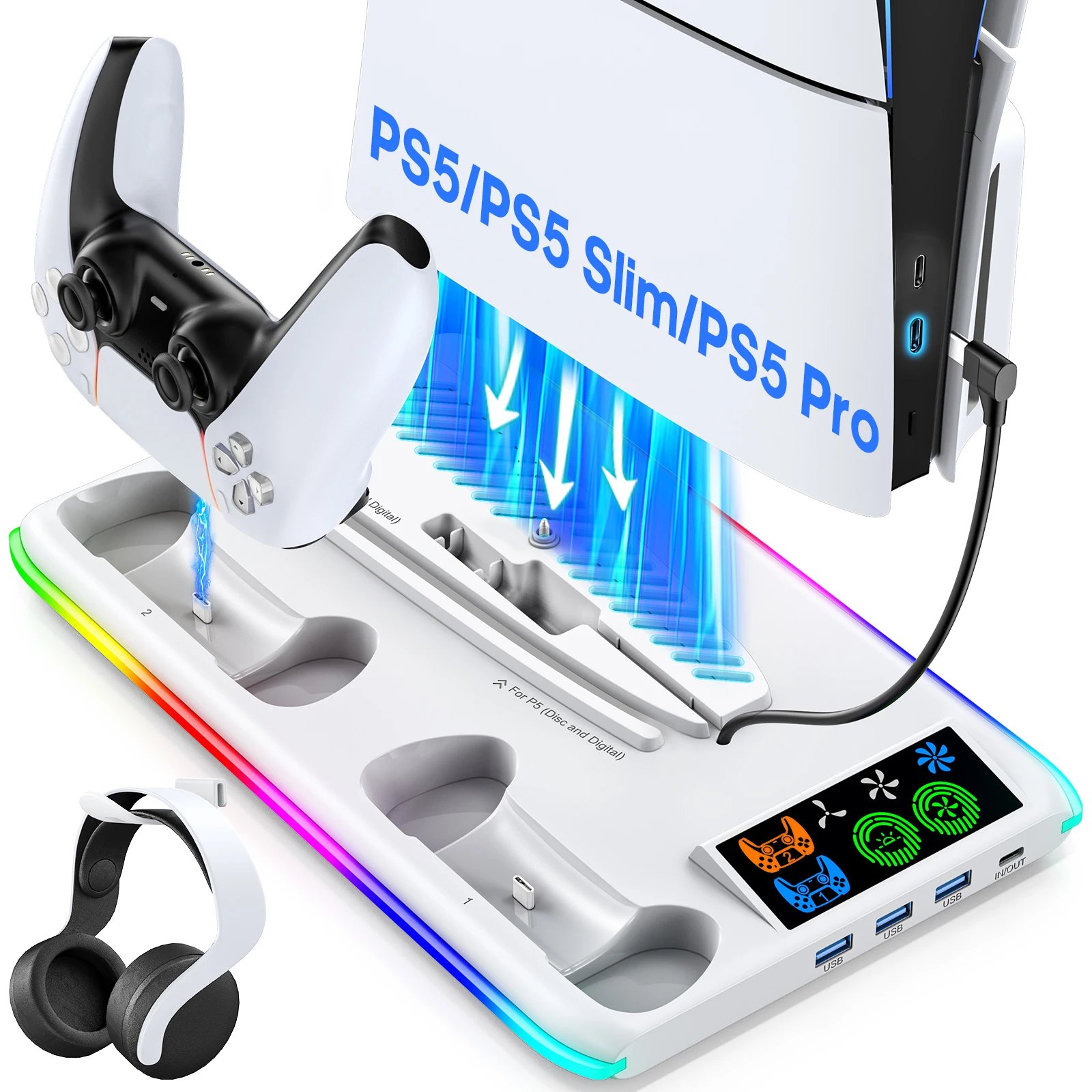 For Ps5/Ps5 Slim/Ps5 Pro Stand With Headphone Hook Cooling Stand &Amp; Controller Charging Station For Ps5 With 3 Levels Cooling Fan