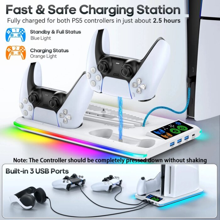 For Ps5/Ps5 Slim/Ps5 Pro Stand With Headphone Hook Cooling Stand &Amp; Controller Charging Station For Ps5 With 3 Levels Cooling Fan - Image 4