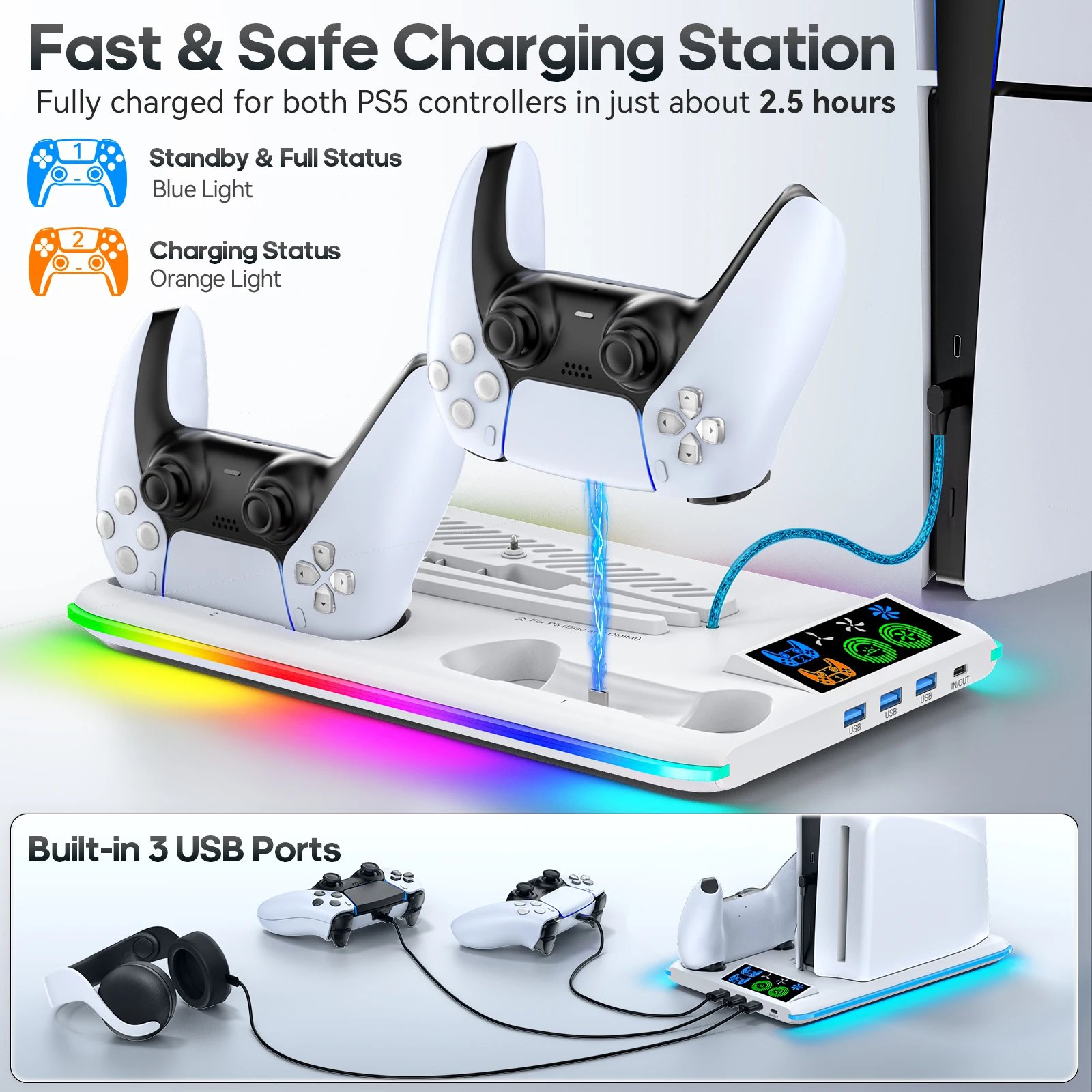 For Ps5/Ps5 Slim/Ps5 Pro Stand With Headphone Hook Cooling Stand &Amp; Controller Charging Station For Ps5 With 3 Levels Cooling Fan