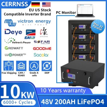 48V 200AH 150AH 100AH LiFePO4 Battery Pack 51.2V 10KW Lithium Solar Battery Rechargeable Battery 6000+ Cycles For Home Storage