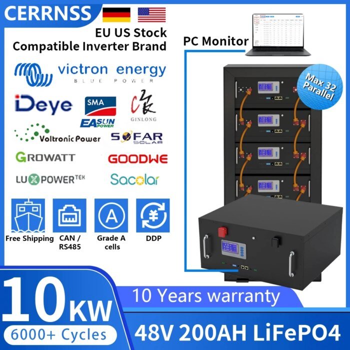 48V 200Ah 150Ah 100Ah Lifepo4 Battery Pack 51.2V 10Kw Lithium Solar Battery Rechargeable Battery 6000+ Cycles For Home Storage - Image 1